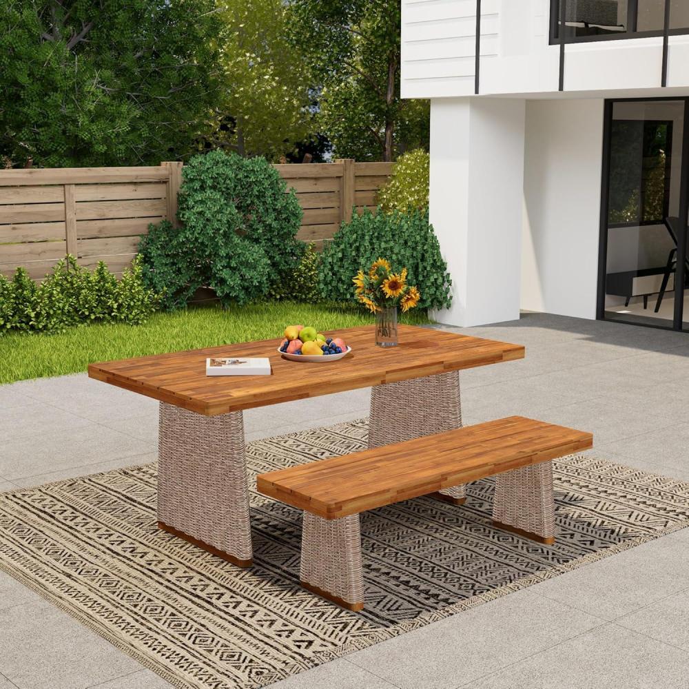 imageChristopher Knight Home Xavi Patio Acacia Wood Dining Set Outdoor Side Table and Chairs Set with Slatted Panel Design and Handwoven Rattan Legs Outdoor Furniture Set for Garden 3 pcs Brown TeakBrown Teak 1 Table 1 Chairs