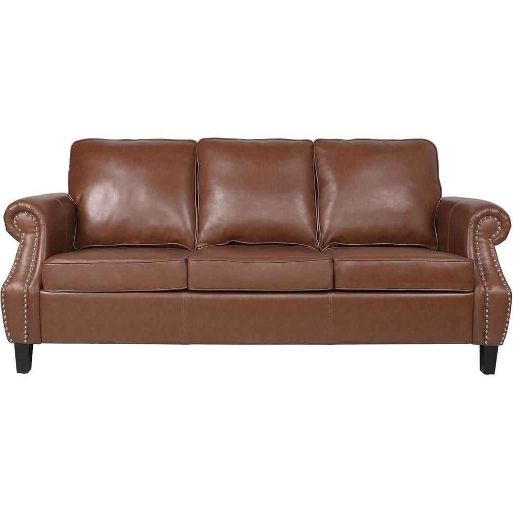 imageDowd 3 Seater Sofa with Nailhead Trim Faux Leather Dark BrownCognac Brown Dark Brown