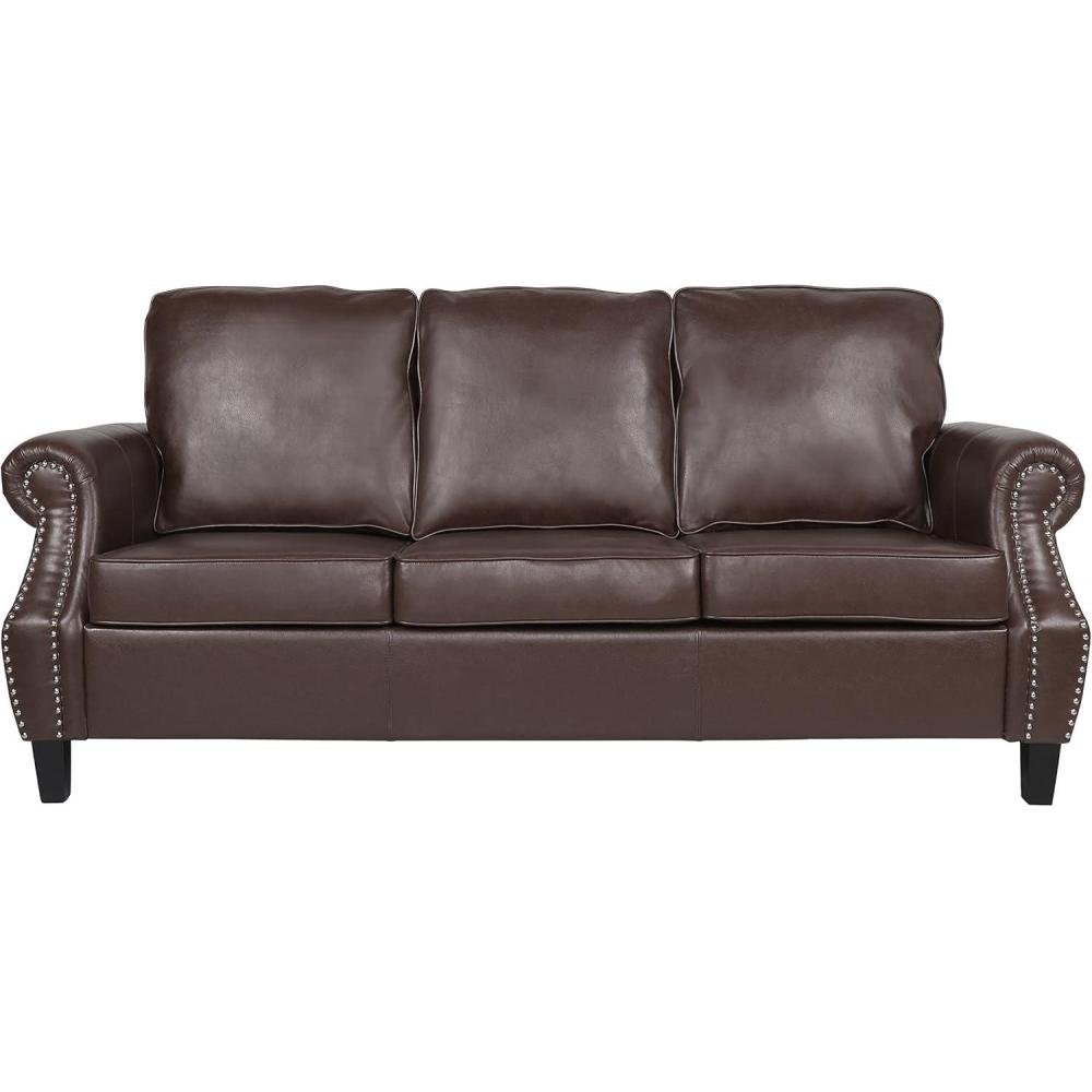 imageDowd 3 Seater Sofa with Nailhead Trim Faux Leather Dark BrownDark Brown