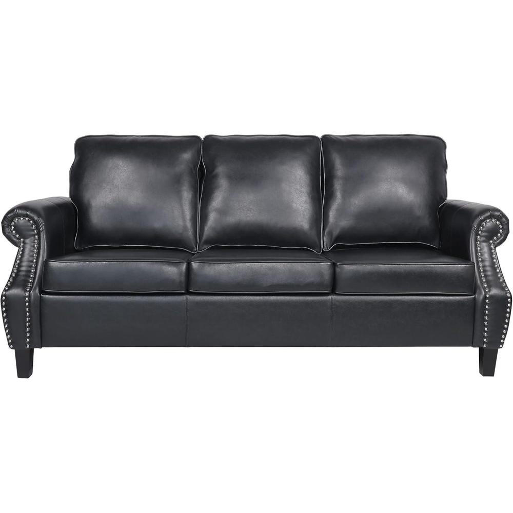 imageDowd 3 Seater Sofa with Nailhead Trim Faux Leather Dark BrownMidnight Black Dark Brown