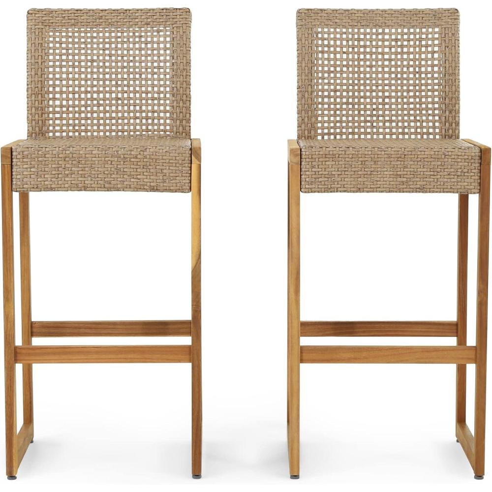 imageElon Outdoor Barstools Wicker and Acacia Wood Light MultiBrownTeak Set of 2