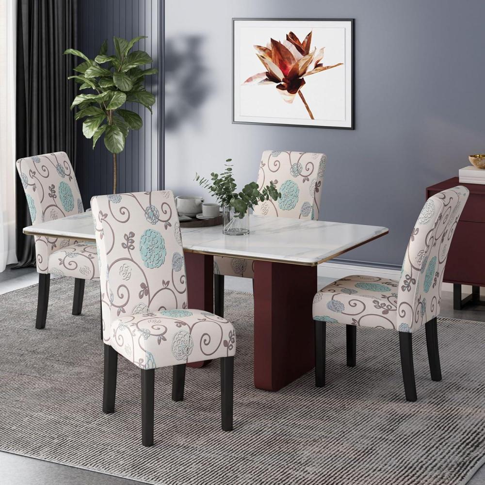 imageEvangeline Contemporary Fabric Dining Chairs Set of 4 Light Beige with Blue Floral