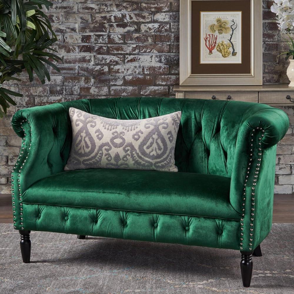 imageGDFStudio Melaina Tufted Chesterfield Velvet Loveseat with Scrolled Arms Emerald and Dark BrownLoveseat