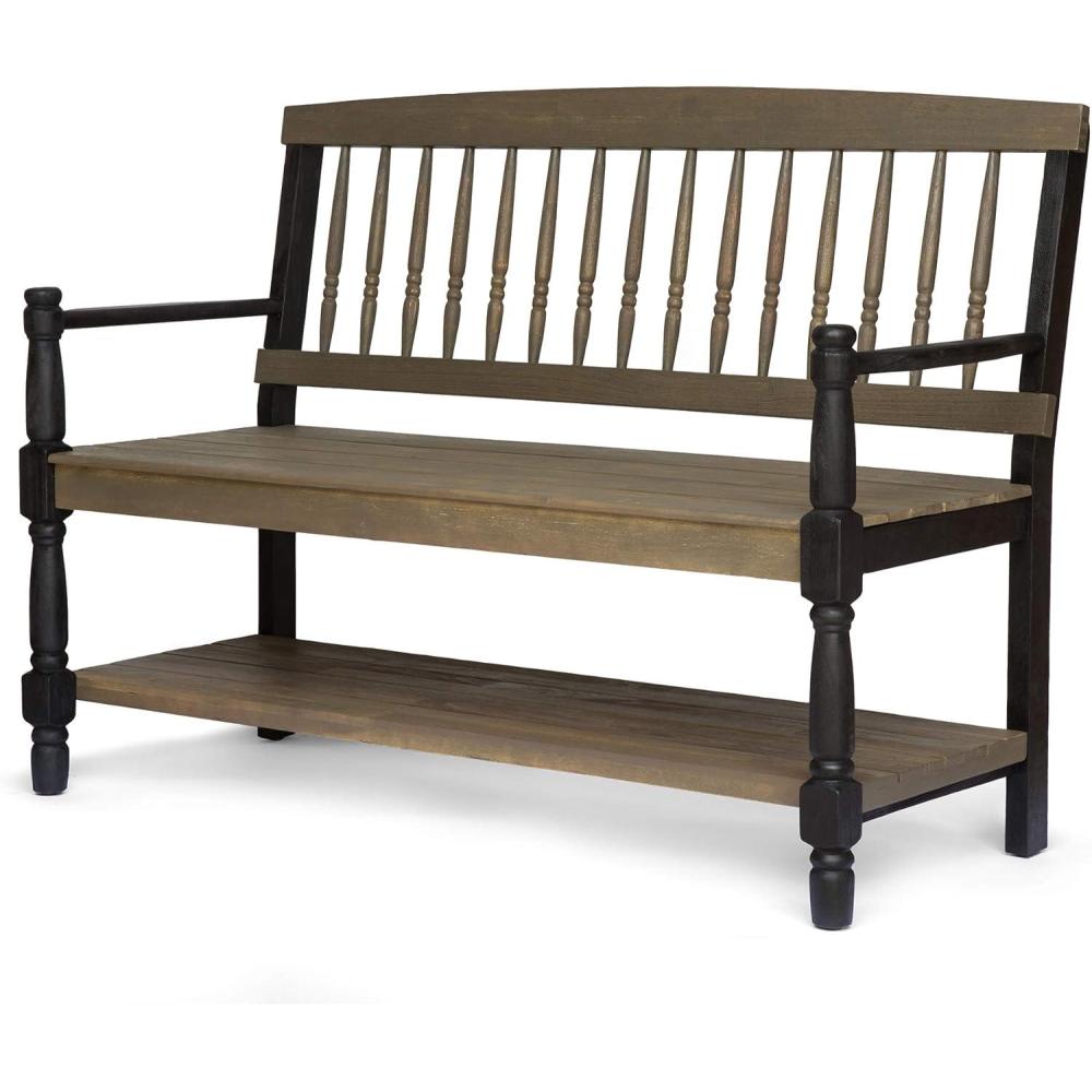 imageGreat Deal Furniture Christopher Knight Home Daphne Outdoor Acacia Wood Bench with Shelf Gray and Black Finish