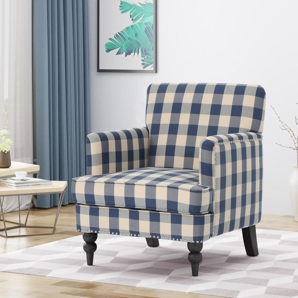 imageGreat Deal Furniture Eve Tufted Fabric Club Chair Green Checkerboard 32D x 2875W x 345H inBlue Checkerboard Dark Brown