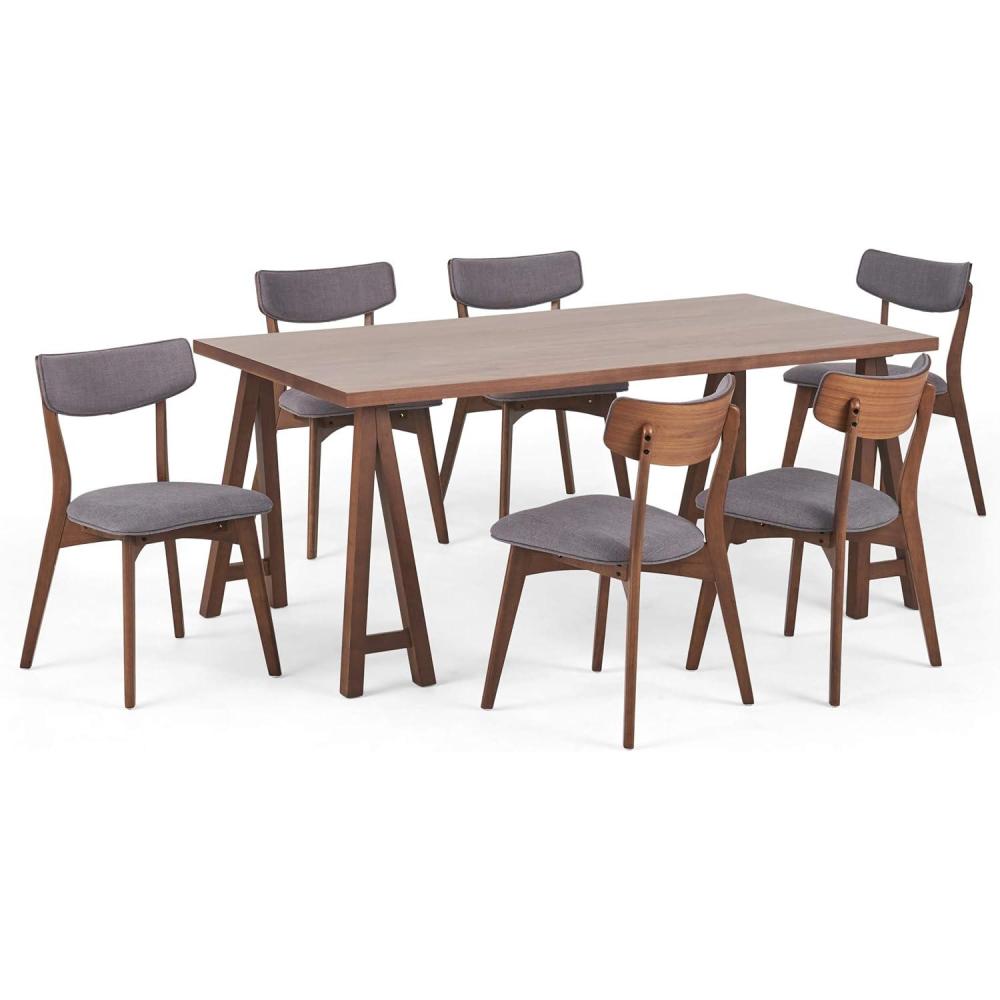 imageRachel MidCentury Modern 7 Piece Dining Set with AFrame Table Light Beige and WalnutDark Gray  Walnut