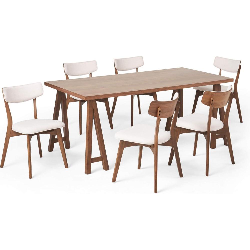 imageRachel MidCentury Modern 7 Piece Dining Set with AFrame Table Light Beige and WalnutLight Beige  Walnut