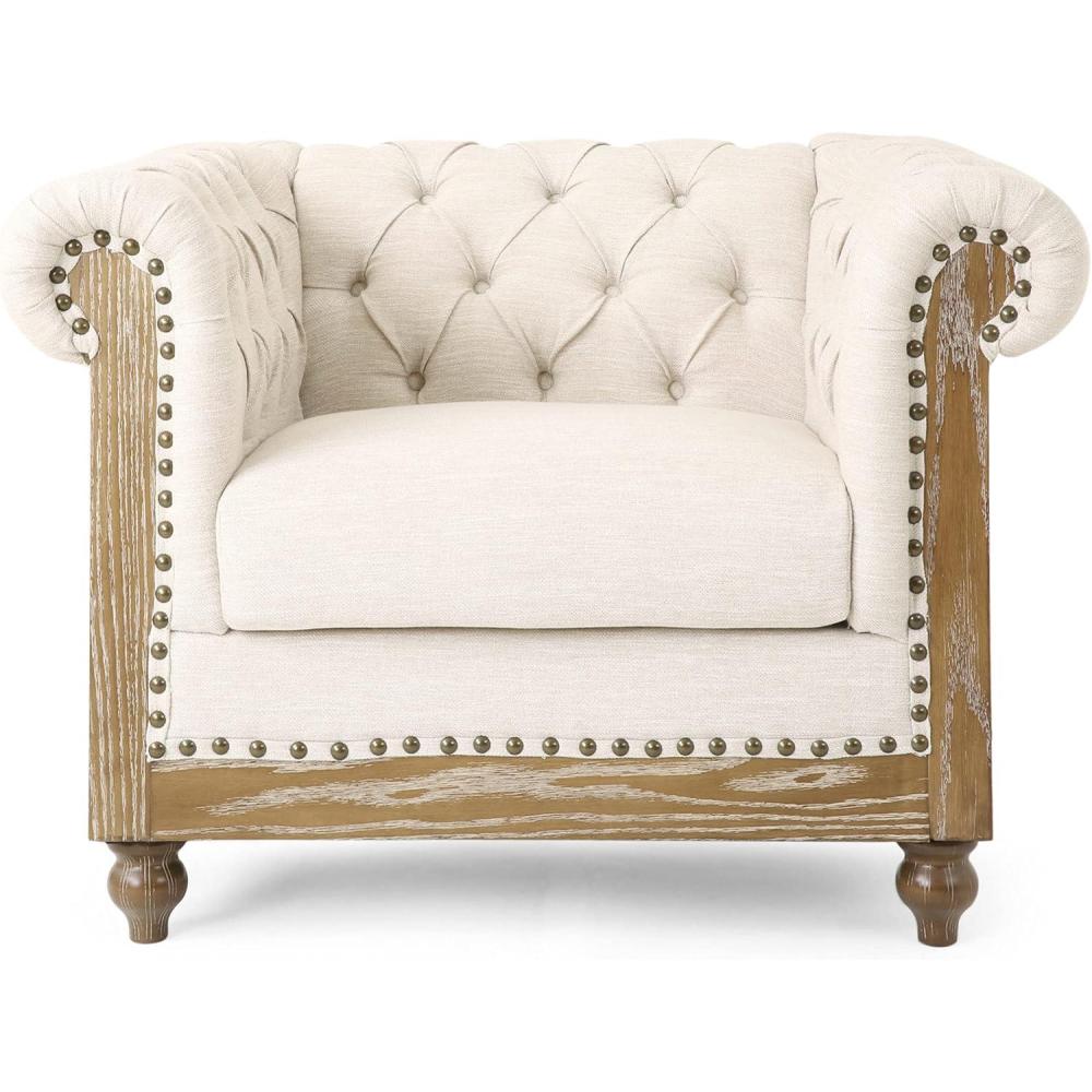 imageVOLL Tufted Club Chair with Nailhead Trim BeigeDark BrownBeige Dark Brown