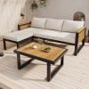 Christopher Knight Home Alvin 3-Piece Acacia Wood Metal Patio Furniture Set, Outdoor Sectional Conversation Sofa Chat Set with Coffee Table and Ottoman for Backyard or Balcony, Teak+Beige+Black(Teak+beige+black 3pcs Set)