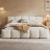 Christopher Knight Home Hazel King Size Platform Bed, Boucle Thick Headboard and Footboard, Upholstery Grounded Beds, Block Style, Wood Slats Panel Support, No Spring Box Needed, Easy Assembly, White(White)