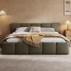 Christopher Knight Home Hazel King Size Platform Bed, Boucle Thick Headboard and Footboard, Upholstery Grounded Beds, Block Style, Wood Slats Panel Support, No Spring Box Needed, Easy Assembly, White(Olive Green)