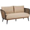 Christopher Knight Home Tobin Patio Loveseat, Outdoor 2-Seater Lounge Sofa, Woven Wicker Faux Rattan Accents, Iron Frame, Removable Water-Resistant Cushions, Porch/Backyard/Balcony, Beige+Black+Brown