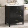 Christopher Knight Home 30″ Bathroom Vanity with Ceramic Sink, Bathroom Storage Cabinet with Door Hinges, 3 Drawers, Acacia Wood Legs & MDF Board, Metal Handles, Open Back, Adjustable Foot Pads, Black(Black)