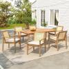 Christopher Knight Home Dessa Outdoor 7 Pieces Dining Set, Woven Wicker Dining Chairs of 6, Acacia Wood Slats Panel Table, Spacious Seating, Wooden Armchairs and Table Set for Yard Garden, Teak+Beige
