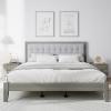 Christopher Knight Home Gray Platform Bed, Solid Wood Bed Frame with Tufted Square Headboard, Upholstered Design Headboard, Wood Bed Support and Slat, Mid Century Modern Design Bed Set, Cal King Size(King)
