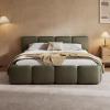 Christopher Knight Home Hazel King Size Platform Bed, Boucle Thick Headboard and Footboard, Upholstery Grounded Beds, Block Style, Wood Slats Panel Support, No Spring Box Needed, Easy Assembly, White(Olive Green)