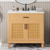 Christopher Knight Home Jones 36″ Bathroom Vanity with Ceramic Sink, Freestanding Bathroom Storage Cabinet, Wooden Bathroom Vanity Organizer, Pedestal Sink Storage Cabinet,Drawer+Rattan Door, Natural(Natural)
