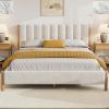 Christopher Knight Home Llanett King Size Bed Frame, Boucle Fabric Upholstered Platform Bed with Vertical Stitching Headboard, Wooden Support and Slats, No Box Spring Needed, Easy Assembly, White(Queen)