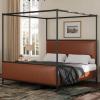 Christopher Knight Home Morgan King Canopy Bed Frame with PU Leather Upholstered Headboard, 4 Poster King Size Bed Frame and Headboard, Wood Slat Support, No Box Spring Needed, Brown + Black(Brown + Black/Pu Leather)