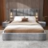 Christopher Knight Home Svens 46″ High Headboard Bed, King Size Platform Bed Frame, Soft Velvet Bed Frame, King Size Headboard, Square Pattern Design with Reading Lamps and USB Ports, Grey(Queen)