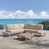 Christopher Knight Home Topia V-Shape Acacia Wood Outdoor Sofa and Coffee Table Set, Wooden Patio Conversation Set with Cushion, Outdoor Modular Sofa Couch with Coffee Table, Light White+Beige