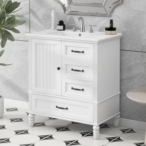 Christopher Knight Home 30″ Bathroom Vanity with Ceramic Sink, Bathroom Storage Cabinet with Door Hinges, 3 Drawers, Acacia Wood Legs & MDF Board, Metal Handles, Open Back, Adjustable Foot Pads, Black(White)