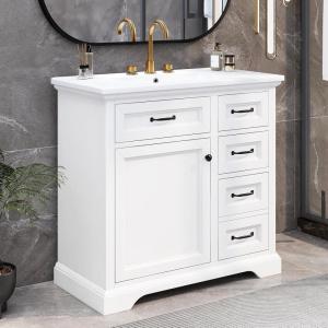 Christopher Knight Home 36″ Bathroom Vanity with Ceramic Sink, Wooden Bathroom Vanity Organizer, Bathroom Storage Cabinet, Pedestal Sink Storage Cabinet, Adjustable Door Shelves+Drawer, Green Grey(White)