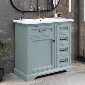 Christopher Knight Home 36″ Bathroom Vanity with Ceramic Sink, Wooden Bathroom Vanity Organizer, Bathroom Storage Cabinet, Pedestal Sink Storage Cabinet, Adjustable Door Shelves+Drawer, Green Grey(Soft Green Grey)