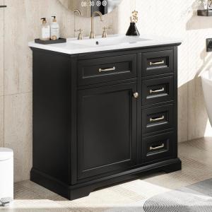 Christopher Knight Home 36″ Bathroom Vanity with Ceramic Sink, Wooden Bathroom Vanity Organizer, Bathroom Storage Cabinet, Pedestal Sink Storage Cabinet, Adjustable Door Shelves+Drawer, Green Grey(Black)