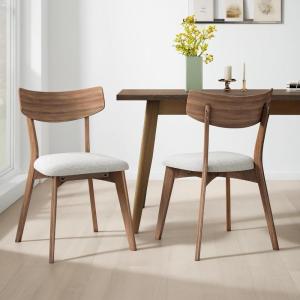 Christopher Knight Home Abrielle Mid-Century Modern Dining Chairs with Rubberwood Frame, 2-Pcs Set, Light Beige / Natural Walnut(Light Beige ladit)
