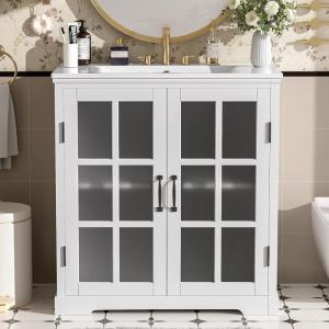 Christopher Knight Home Annis 30″ Bathroom Vanity with Ceramic Sink, Bathroom Storage Cabinet, Wooden Bathroom Vanity Organizer, Pedestal Sink Storage Cabinet, Adjustable Shelves+Glass Door, White(White)