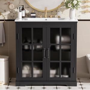 Christopher Knight Home Annis 30″ Bathroom Vanity with Ceramic Sink, Bathroom Storage Cabinet, Wooden Bathroom Vanity Organizer, Pedestal Sink Storage Cabinet, Adjustable Shelves+Glass Door, White(Matte Black)