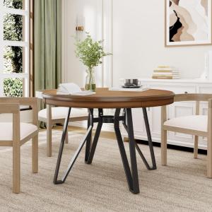 Christopher Knight Home Ayden Wooden Round Dining Table, Dining Room Table for 4 with Open Shelf, Indoor Kitchen Table with Metal Legs, Brown+Black(Light Ash)