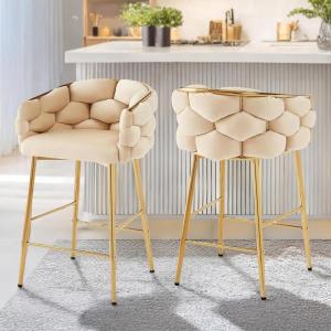 Christopher Knight Home Barrel Counter Stools,Velvet Counter Height Barstools, Modern Luxury Makeup Stool Upholstered Chairs with Gold Legs(Set of 2),Beige(Beige)