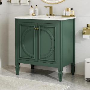 Christopher Knight Home Benton 30″ Bathroom Vanity with Ceramic Sink, Wood Frame, Adjustable Shelves, Soft Close Door Hinges, Storage Cabinet with 2-Tier Door Organizer, 1 Drawer, Green(Green)