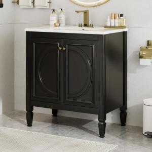 Christopher Knight Home Benton 30″ Bathroom Vanity with Ceramic Sink, Wood Frame, Adjustable Shelves, Soft Close Door Hinges, Storage Cabinet with 2-Tier Door Organizer, 1 Drawer, Green(Black)