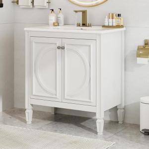 Christopher Knight Home Benton 30″ Bathroom Vanity with Ceramic Sink, Wood Frame, Adjustable Shelves, Soft Close Door Hinges, Storage Cabinet with 2-Tier Door Organizer, 1 Drawer, Green(White)