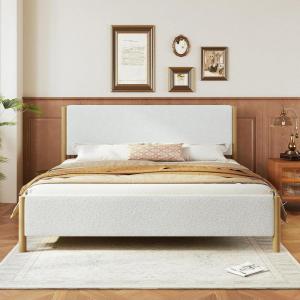 Christopher Knight Home Bettine King Size Bed, Boucle King Headboard Bed, Upholstered Headboard, Rubberwood Platform Frame, Slats Panel Support, No Spring Box Needed, Easy Assembly, 800lbs White(King)