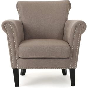 Christopher Knight Home Brice Vintage Scroll Arm Studded Fabric Club Chair, Navy Blue / Dark Brown 31D x 29.5W x 31.5H in(Light Coffee / Dark Brown)