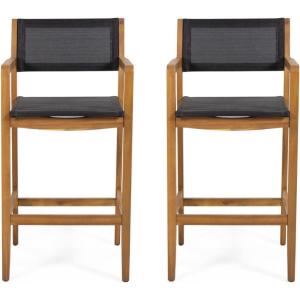 Christopher Knight Home Calista Acacia Wood Barstools with Outdoor Mesh (Set of 2), Teak and Black