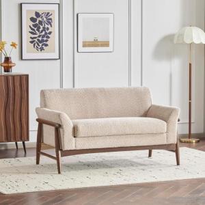 Christopher Knight Home Canna Fabric Flared Arms Loveseat, Comfy Upholstery 2 Seater Sofa, Wooden Frame Living Room Chair, Soft Seating Lounge Sofa for Bedroom/Office, Beige + Natural(Almond + Walnut)