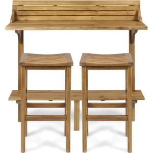 Christopher Knight Home Caribbean Outdoor Acacia Wood Balcony Bar Set, 3-Pcs Set, Natural Stained Light Brown(Balcony Bar Set)