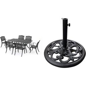 Christopher Knight Home Cayman Outdoor 6-Seater Cast Aluminum Dining Set, 7-Pcs Set, Black Sand and TropiShade 30 Pound Black Powder Coated Cast Iron Umbrella Stand