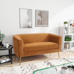 Christopher Knight Home Contemporary Tufted and Diamond Stitching Fabric Loveseat,Tub-Design 2-Seater Sofa, Removable Cushions, Birch Wood Legs, Square Arms, Beige and Espresso(Turmeric Yellow)