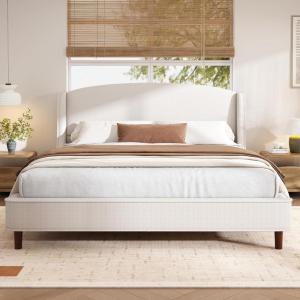 Christopher Knight Home Cordo 44.50″ H King Size Bed Set, Upholstered Platform Bed with Wingback Headboard, Solid Wooden Slats Panel Support, No Box Spring Needed, Easy Assembly, Beige(California King)