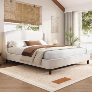 Christopher Knight Home Cordo 44.50″ H King Size Bed Set, Upholstered Platform Bed with Wingback Headboard, Solid Wooden Slats Panel Support, No Box Spring Needed, Easy Assembly, Beige(King)