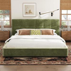 Christopher Knight Home Cordo King Size Bed, Velvet Upholstered Platform Bed, Wooden Slats Panel Support, Tufted Square Corners Haedboard, No Box Spring Needed, Easy Assembly, Oliver Green(Oliver Green)