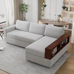 Christopher Knight Home Davinz 87.4″ L-Shaped Sectional Sofa, Chenille 3 Seater Couch, Sectional Couches with Chaise Lounge, Upholstered Sofa Couch with Reversible Armrests for Living Room, Beige(Grey)