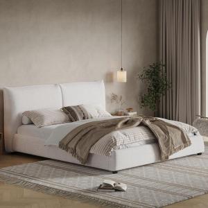 Christopher Knight Home Deft Wooden Twin Bed Frame with Headboard, Luxurious Upholstered Platform Bedframe with Linen Fabric Pillow-Back Headboard, Twin Bed Frame No Box Spring Needed, Beige(King Size)
