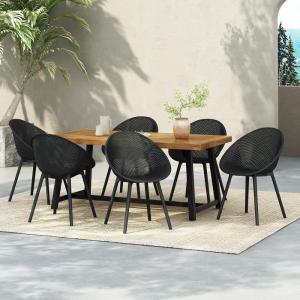 Christopher Knight Home Denlt 7 Pieces Outdoor Dining Set, 70.75″ Patio Table and Chairs Set for 6 People, Plastic Chairs and Acacia Wood Dining Set for Lawn Backyard Garden Deck, Black+Teak(Black+teak)